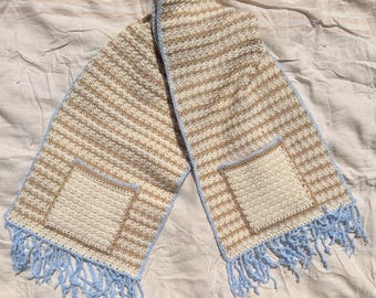 Hand-Crocheted Coastal Pocket Shawl | Cream, Sand & Shimmering Blue Wrap | Upcycled Yarn Beach Scarf
