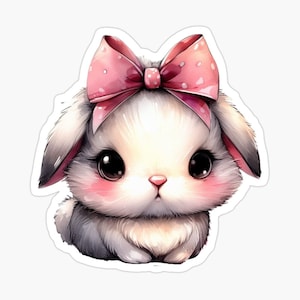May include: A cute cartoon bunny with big eyes and a pink bow with white polka dots. The bunny is sitting with its paws tucked under its chin.