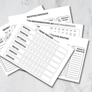 Könnte beinhalten: Ein Stapel weißer Papierbögen mit schwarzem Text und Illustrationen. Die Bögen enthalten einen Medikamentenplan, einen täglichen Routine-Tracker und einen Abschnitt für wichtige Kontakte. Der Tracker hat Felder zur Markierung der Wasseraufnahme.