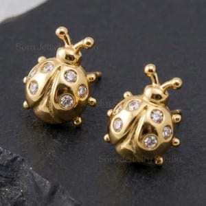 Dainty Ladybug Stud Earrings, 925 Sterling Silver, Gold Cubic Zirconia, Nature Charm Jewelry