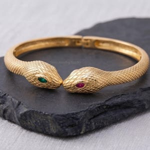 Sterling Silver Snake Cuff Bangle, Dual Serpent Heads, Emerald Ruby Eyes, Gold Plated Bracelet