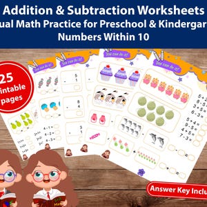 May include: Addition and subtraction worksheets for preschool and kindergarten. The worksheets feature visual math practice with numbers within 10. The image includes 25 printable pages with an answer key. The worksheets have colorful illustrations of cupcakes, dolphins, and other objects.