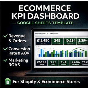 May include: A laptop screen shows an e-commerce KPI dashboard, displaying revenue, orders, conversion rate, and marketing ROAS. The text "ECOMMERCE KPI DASHBOARD" and "GOOGLE SHEETS TEMPLATE" are visible. The image is designed for Shopify and e-commerce stores.