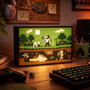 Op de afbeelding: Een Minecraft-thema lichtbak, met een gepixeld tafereel met een personage, hond en creeper. Op een houten bureau met een toetsenbord, controller en een groene Minecraft-mok. Een lavalamp en plant zijn ook zichtbaar.