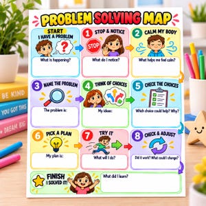 Pode incluir: Um cartaz educativo intitulado Problem Solving Map com oito passos numerados, ilustrações coloridas e sugestões de texto. O gráfico orienta as crianças na identificação de problemas, em manter a calma e na avaliação de possíveis soluções.