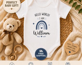 Personalized Hello World Baby Bodysuit | Custom Name Rainbow Onesie | Newborn Coming Home Outfit | Baby Shower Gift | Baby Boy Girl Romper