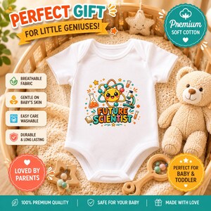May include: White baby bodysuit with a colorful "Future Scientist" graphic. The design includes a smiling atom, beakers, and a microscope. The bodysuit is made of soft cotton and is labeled as breathable, gentle on baby's skin, and easy to wash.
