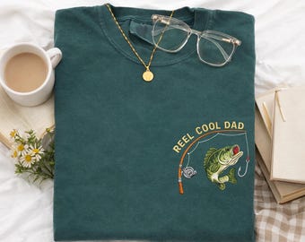 Reel Cool Dad Embroidered T Shirt, Fishing Dad Gift, Funny Fisherman Tee, Bass Fishing Lover Shirt, Father’s Day Gift for Angler Dad Tee