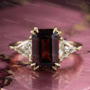 Emerald Cut Red Garnet Engagement Ring, Trillion Moissanite Accents, Vintage Gold Wedding Band