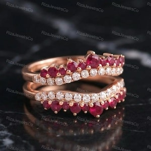 Rose Gold Ruby Diamond Ring Enhancer, Curved Wedding Band, Stacking Ring Jacket