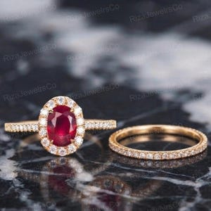 Oval Lab Created Ruby Bridal Set, Vintage Gold Halo Engagement Ring, Moissanite Wedding Band