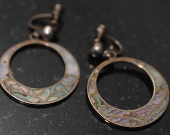 Vintage Sterling Silver and Ablone Inlay Hoop Earrings by Vargas