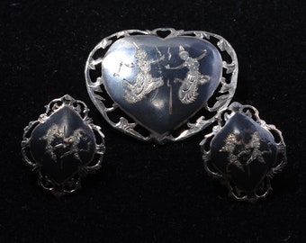 Siam Silver (Niello) Brooch and Clip On Earring Set from Thailand