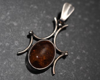 Abstract Sterling Silver and Amber Pendant
