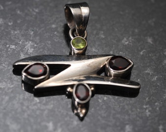 Abstract Sterling Silver Garnet and Peridot Pendant