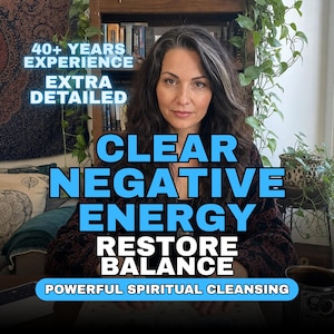 Peut inclure: Une personne aux longs cheveux foncés avec des mèches grises, portant un haut à motifs sombres. Le texte superposé indique : 40+ YEARS EXPERIENCE, EXTRA DETAILED, CLEAR NEGATIVE ENERGY, RESTORE BALANCE, et POWERFUL SPIRITUAL CLEANSING. Une étagère.