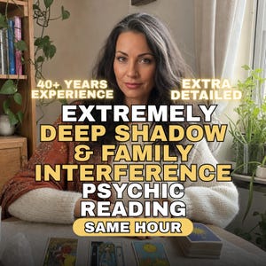 May include: A person with long dark hair wearing a white sweater and a rust-coloured shawl. Text overlays read: 40+ YEARS EXPERIENCE, EXTRA DETAILED, EXTREMELY DEEP SHADOW & FAMILY INTERFERENCE PSYCHIC READING, SAME HOUR. Tarot cards are on the table.