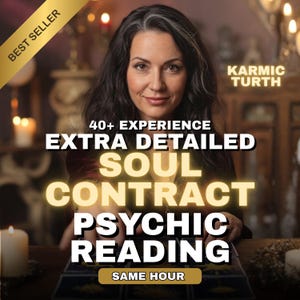 Puede incluir: Imagen de una mujer sonriente con cabello oscuro. El texto incluye "Más vendido", "Karmic Turth" y "Lectura psíquica detallada del contrato del alma". La imagen sugiere servicios relacionados con lecturas psíquicas.