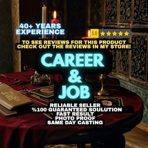 May include: A dark table covered with a red cloth, featuring candles and cards. Text overlays include 40+ YEARS EXPERIENCE, 5.0 stars, CAREER & JOB, RELIABLE SELLER, %100 GUARANTEED SOULUTION, FAST RESULT, PHOTO PROOF, and SAME DAY CASTING.