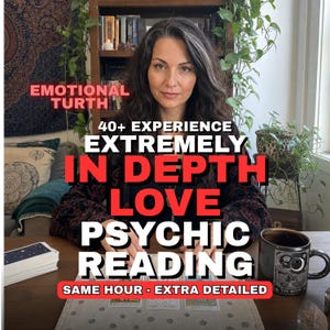 May include: A person with dark hair sits at a wooden table with tarot cards and a black mug featuring a moon graphic. Text overlays read: EMOTIONAL TURTH, 40+ EXPERIENCE, EXTREMELY IN DEPTH LOVE PSYCHIC READING, SAME HOUR - EXTRA DETAILED.