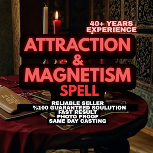 Könnte beinhalten: Ein rotes Neon-Schild mit den Worten "ATTRACTION & MAGNETISM SPELL" ist zu sehen. Das Schild enthält auch den Text "40+ YEARS EXPERIENCE" und andere Sätze wie "RELIABLE SELLER" und "FAST RESULT". Im Hintergrund eine brennende Kerze.