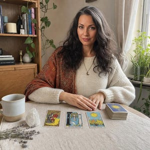 May include: A cream-colored knit sweater and a rust-colored patterned shawl worn over the shoulders. On the table are three tarot cards, a deck of cards, a ceramic mug, a clear crystal, and a small bundle of dried lavender stems.