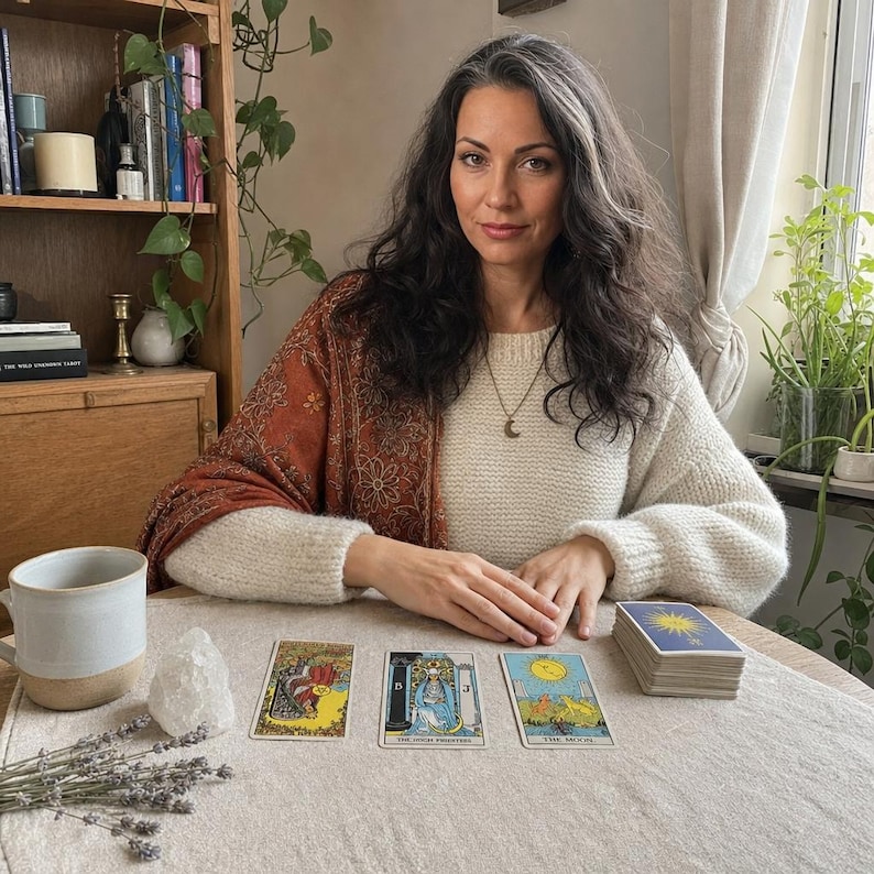 May include: A cream-colored knit sweater and a rust-colored patterned shawl worn over the shoulders. On the table are three tarot cards, a deck of cards, a ceramic mug, a clear crystal, and a small bundle of dried lavender stems.