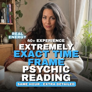 May include: A person with long dark hair wearing a cream-colored sweater and a rust-colored shawl. Text overlay reads: REAL ENERGY, 40+ EXPERIENCE, EXTREMELY EXACT TIME FRAME PSYCHIC READING, SAME HOUR - EXTRA DETAILED. Tarot cards are spread on the table.