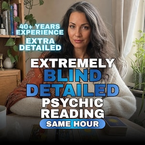 May include: A person with long dark hair wearing a cream-colored sweater and a patterned shawl. Text overlays read: 40+ YEARS EXPERIENCE, EXTRA DETAILED, EXTREMELY BLIND DETAILED PSYCHIC READING, and SAME HOUR. Tarot cards are visible on the table.