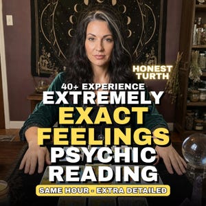 Może przedstawiać: Osoba z ciemnymi włosami siedzi przy stole z rozłożonymi kartami tarota. Nałożony tekst brzmi: HONEST TURTH, 40+ EXPERIENCE, EXTREMELY EXACT FEELINGS PSYCHIC READING, SAME HOUR - EXTRA DETAILED. Po prawej stronie znajduje się szklana kula na podstawce.
