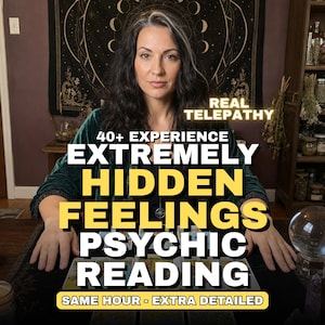 Könnte beinhalten: Eine Person mit dunklem Haar in einem dunkelgrünen Samtoberteil sitzt an einem Tisch mit Tarotkarten. Textüberlagerungen: REAL TELEPATHY, 40+ EXPERIENCE, EXTREMELY HIDDEN FEELINGS PSYCHIC READING, SAME HOUR - EXTRA DETAILED. Eine Kristallkugel ist zu sehen.