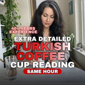 Puede incluir: Una persona con cabello oscuro ondulado sentada a una mesa con un vaso de agua y una pequeña taza blanca. El texto dice: 40+ YEARS EXPERIENCE, EXTRA DETAILED TURKISH COFFEE CUP READING, SAME HOUR. La persona viste un suéter de punto beige.
