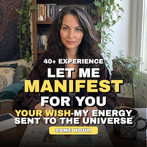 May include: A person with long dark hair with grey highlights sits at a wooden table with tarot cards and a black mug. Text overlay reads: 40+ EXPERIENCE, LET ME MANIFEST FOR YOU, YOUR WISH-MY ENERGY SENT TO THE UNIVERSE, SAME HOUR.