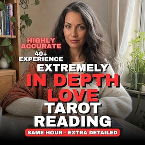 May include: A person with long dark hair wearing a cream-colored sweater and a rust-colored patterned shawl. Text overlay reads: HIGHLY ACCURATE, 40+ EXPERIENCE, EXTREMELY IN DEPTH LOVE TAROT READING, SAME HOUR - EXTRA DETAILED. The setting is indoors.