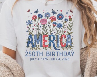 Camiseta Comfort Colors America para el 250.º aniversario, camiseta floral de EE. UU. para el 250.º aniversario, camiseta patriótica con flores silvestres, regalo del semiquinto centenario de 2026, estilo cottagecore