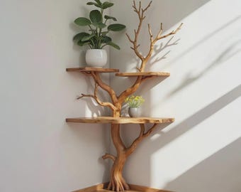 Estantería esquinera de ramas de árbol, librería de madera maciza, arte de pared de madera flotante, decoración de librería