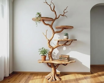 Tree branch floor bookshelf semi circle shelf art live edge solid wood wall mounted shelves custom bookshelf furniture decor