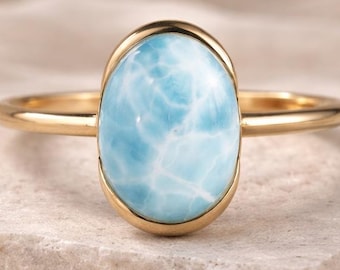 Vintage ovale larimar ring, unieke blauwe oceaan stenen ring, ring set minimalistische ring, handgemaakte sierlijke sieraden, strand geïnspireerd cadeau voor vrouwen