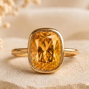 Vintage Elongated Cushion Cut Bezel Solitaire Citrine Engagement Ring, Yellow Gemstone Stacking Ring, Personalized Handmade Ring