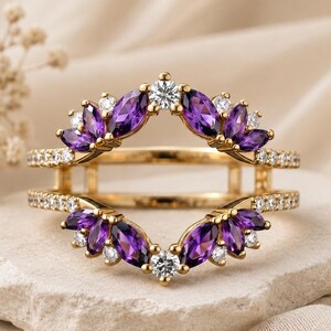 Double Curved Moissanite & Amethyst Wedding Band, 14K Gold Enhancer Stacking Ring, Bridal Wedding Promise Ring, Valentine Day Gift for her