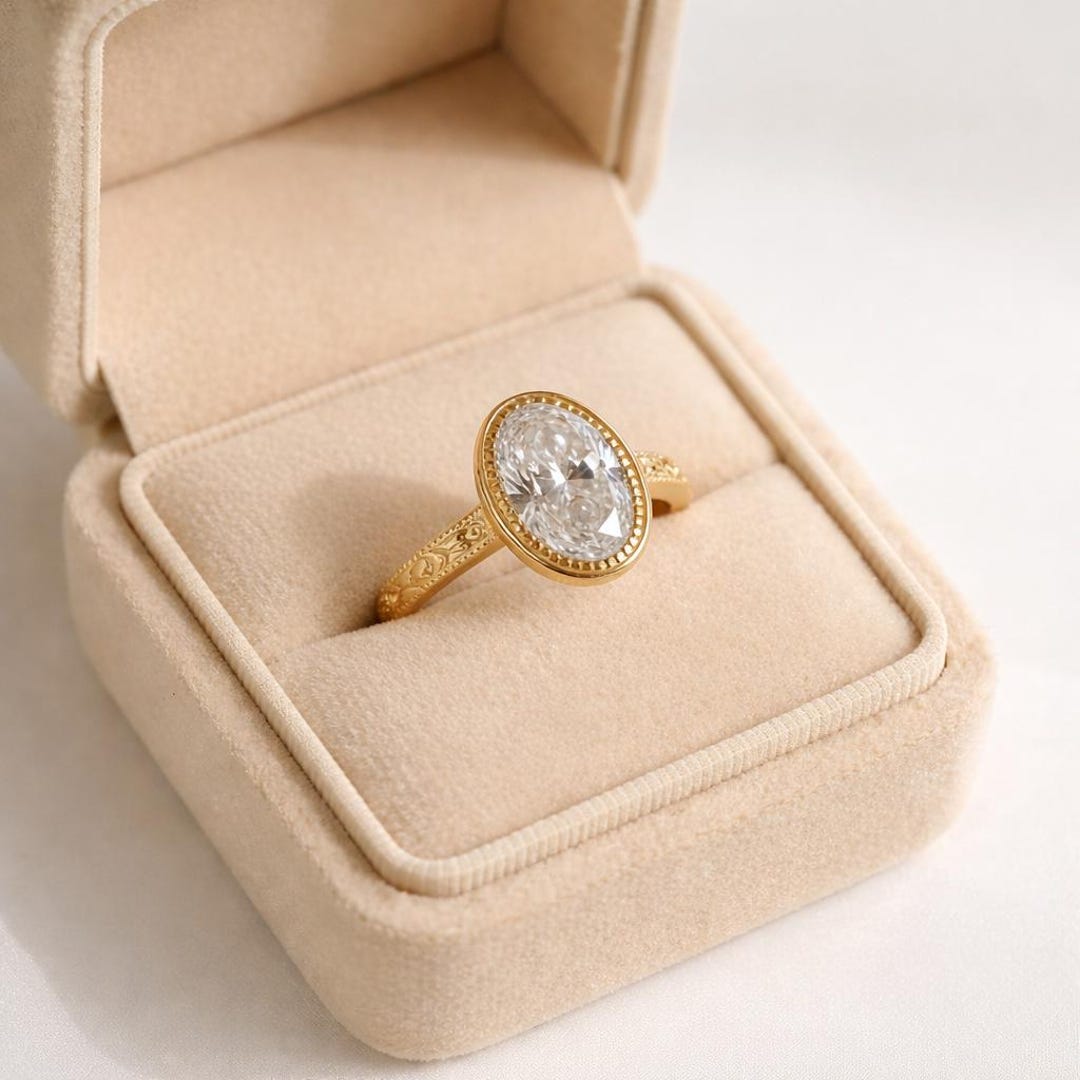 14k Solid Gold Vintage Oval Moissanite Engagement Ring • Bezel Set Gold ...