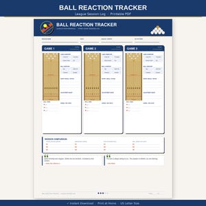 May include: A printable PDF, the "Ball Reaction Tracker" features a blue header with white text. The document is designed for league performance and includes sections for three games, session comparison, and quotes.