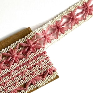 1 YARD — Pink Mauve and Green Dainty Floral Organza Loop Flower Ribbon Tape Trim, Decorative Edging Cord Accent Embellishment