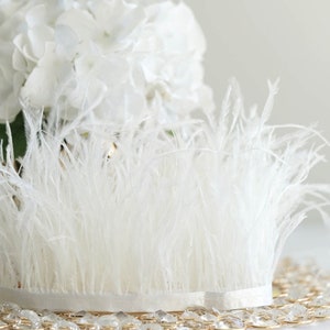 1 YARD - White Ostrich Feather Fringe Plume Trim with White Satin Ribbon Tape (Wedding, Bridal Shower, Bachelorette)