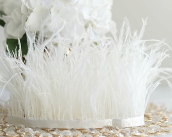 2 YARDS - White Ostrich Feather Fringe Trim with White Satin Ribbon Tape (Wedding, Bridal Shower, Bachelorette)