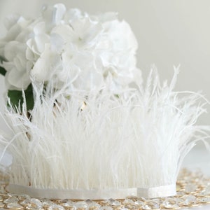 2 YARDS - White Ostrich Feather Fringe Trim with White Satin Ribbon Tape (Wedding, Bridal Shower, Bachelorette)