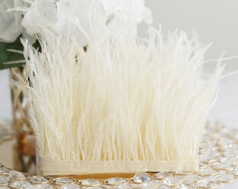 12 INCHES - Neutral Ivory Cream Ostrich Feather Fringe Plume Trim with Satin Ribbon Tape (Wedding, Bridal Shower, Bachelorette)