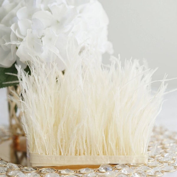 2 YARDS - Neutral Ivory Cream Ostrich Feather Fringe Plume Trim with Satin Ribbon Tape (Wedding, Bridal Shower, Bachelorette)