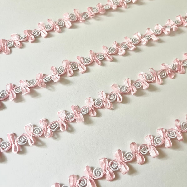 1 YARD — Light Pink and White Dainty Rococo Rosette Organza Loop Flower Ribbon Tape Trim, Decorative Edging Cord Accent Embellishment