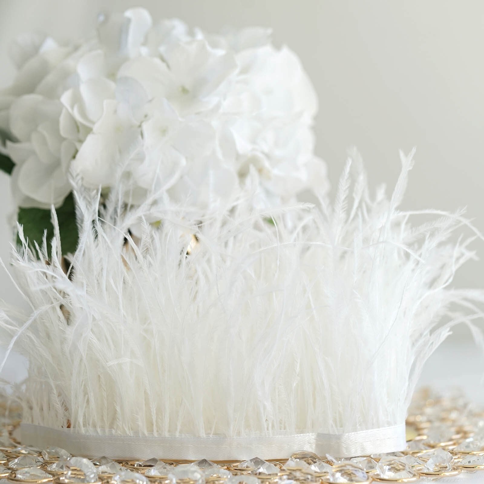1 YARD - White Ostrich Feather Fringe Plume Trim with White Satin Ribbon Tape (Wedding, Bridal Shower, Bachelorette)